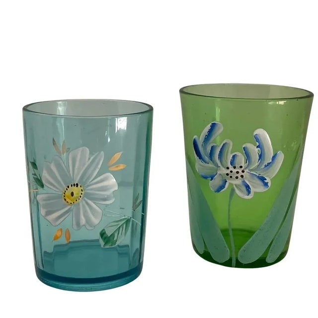Hand-Painted Green & Blue Victorian Tumblers Glasses- a Pair For Sale In Phoenix - Image 6 of 6