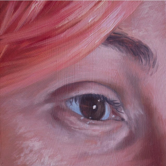 This oil on wood artwork features an intimate close-up of an eye, capturing intricate details and a soft focus that evokes...