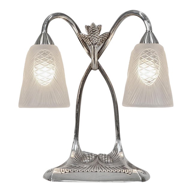 Bousquet & Bloch & Degue French Art Deco Double-Arm Table Lamp 1930s - Pinecone Glass For Sale