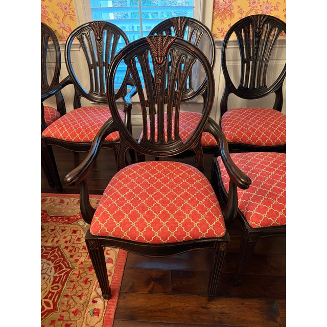 Jonathan Charles Attributed to Jonathan Charles Set 6 Hepplewhite Wheatsheaf Side Chair (Black) For Sale - Image 4 of 13