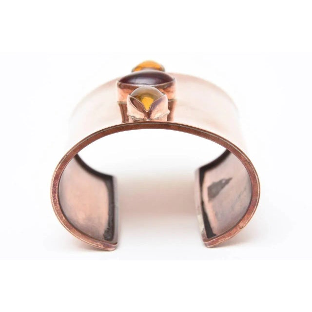 Hallmarked Copper Wide Cuff Bracelet With Red, Yellow Amber Glass Stones 90's For Sale In Miami - Image 6 of 10