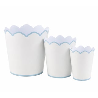 White & Pale Blue Scalloped Bucket Wastepaper Basket/Planter Set, Set of 3 For Sale