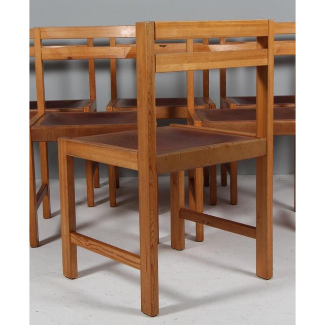 Wood Vintage Dining Chairs in Pine and Saddle Leather by Knud Færch, 1960s, Set of 6 For Sale - Image 7 of 8
