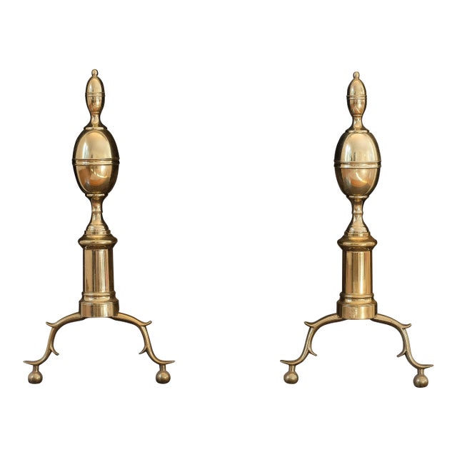 Federal Style Brass Double Lemon Top Brass Andirons For Sale