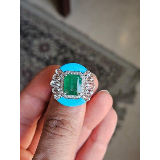 Set in 18k Gold, Zambian Emerald, Turquoise & Rose Cut Diamonds Cocktail Ring, Size 6.5 For Sale - Image 4 of 11