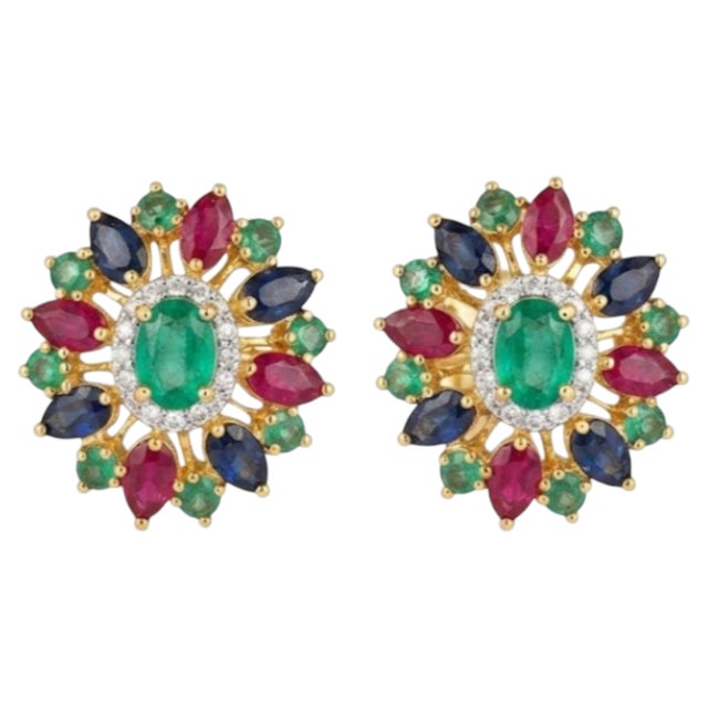 Natural Emerald, Ruby, Sapphire, & Diamond Earring in 14k Gold For Sale In New York - Image 6 of 8