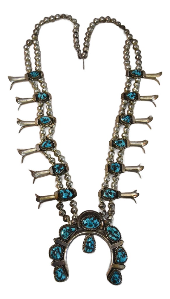 Vintage Navajo Native American Sterling Silver Turquoise Squash