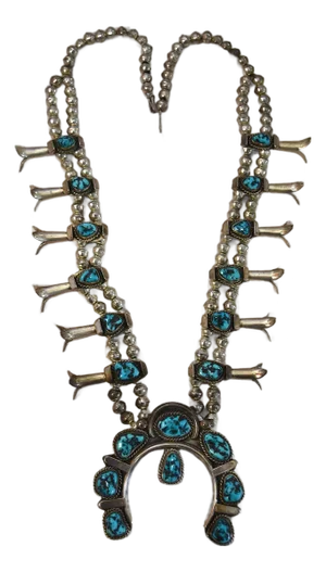 Vintage Navajo Native American Sterling Silver Turquoise Squash Blossom Necklace Signed Jdy