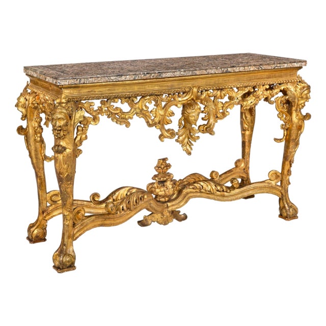 Rare Italian Rococo Giltwood Fossilized Marble Console Table Ca. 1750 For Sale