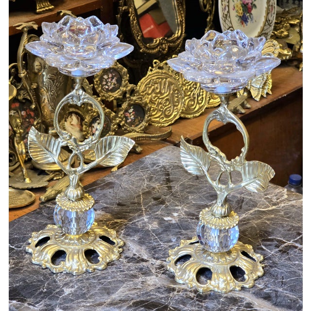 French French Style Classic European-Style Brass and Crystal Candlestick Holders Set of 2. For Sale - Image 3 of 4