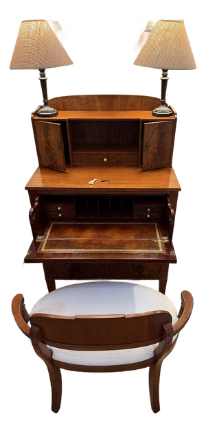 Set of 2, American Antique Secretary Desk and Custom Bouclé Chair