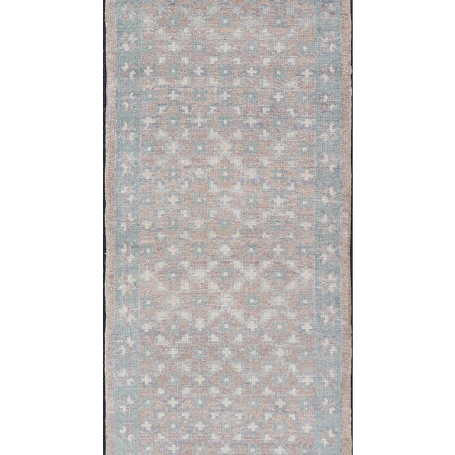 Measures: 3'0 x 12'0 Modern Turkish Oushak Runner in Light Blue and Beige Tones with Allover Pattern. Keivan Woven Arts....