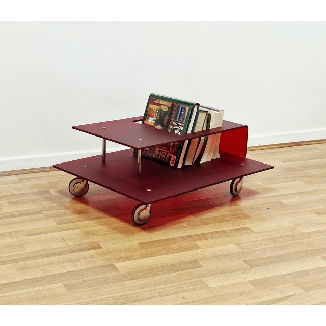 1990s Italian Coffee Table in Burgundy Acrylic Glass and Chrome Wheels, 1990s For Sale - Image 5 of 14