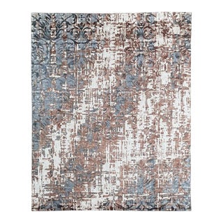 8x11 Ivory Hand-Knotted Wool Distressed Floral Texture Abstract Carpet Rug For Sale