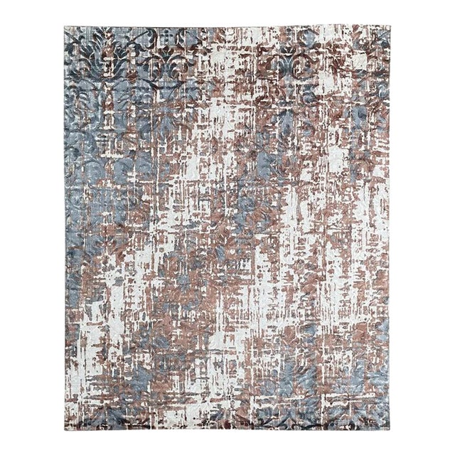 8x11 Ivory Hand-Knotted Wool Distressed Floral Texture Abstract Carpet Rug For Sale