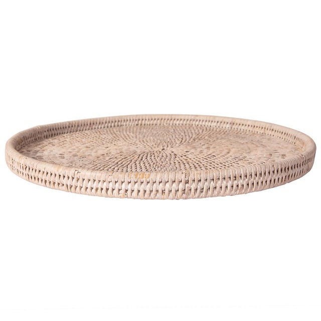 2020s Artifacts Rattan Round Flat Tray in White Wash - 14" For Sale - Image 5 of 8