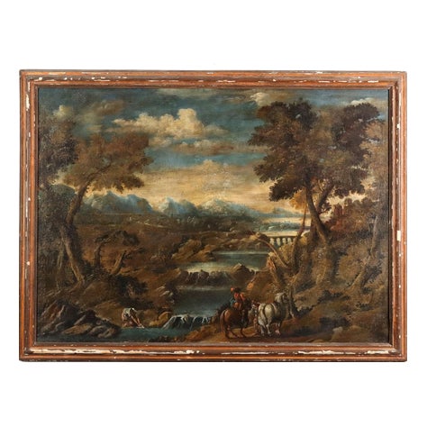 River Landscape with Figures, 1700s, Oil on Canvas For Sale