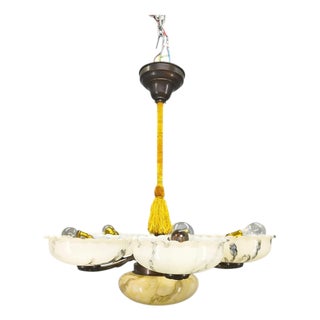 Czech Art Deco Brass Opaline Glass Chandelier, 1940s For Sale