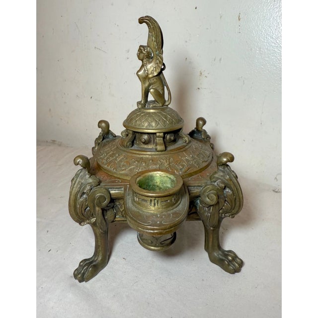 Antique Ornate 19th Century Bronze Egyptian Revival Candelabra Desk Jar Sphinx For Sale - Image 11 of 12