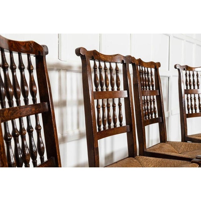 19th Century Farmhouse English Oak Harlequin Rush Spindle Back Dining Chairs, 1880, Set of 6 For Sale - Image 8 of 13