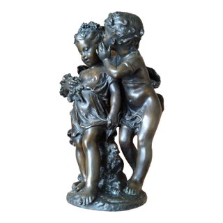 Antique Quality Patinated Solid Bronze Sculpture Statue Figures of Children the Secret Signed Auguste Moreau For Sale