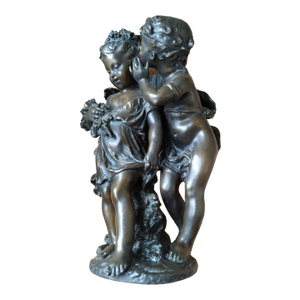 Antique Quality Patinated Solid Bronze Sculpture Statue Figures of Children the Secret Signed Auguste Moreau