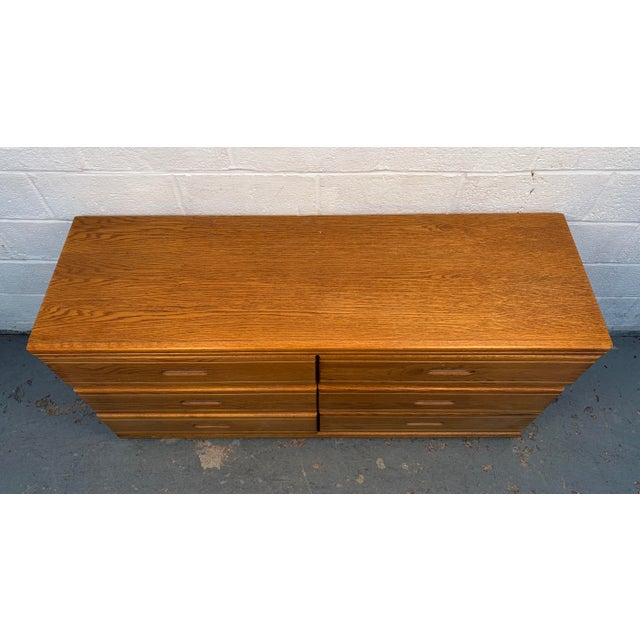 Brown Vintage Modern Solid Oak Six-Drawer Dresser W/ Tri-Fold Mirror For Sale - Image 8 of 17
