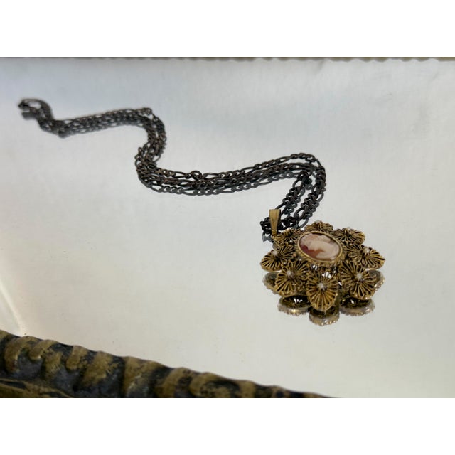 Vintage 1950s Italian 925 Sterling Silver Filigree Cameo Pendant Necklace For Sale - Image 11 of 14