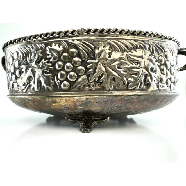 Antique Silverplate Ornamental Bowl With Grape Motif and Intricate Handles For Sale - Image 4 of 12