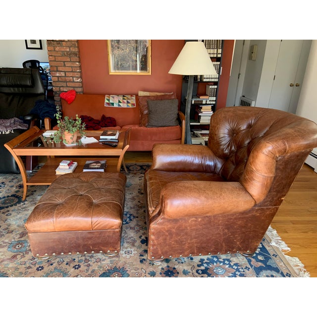 Restoration Hardware Classic Leather Club Chair and Ottoman a Pair