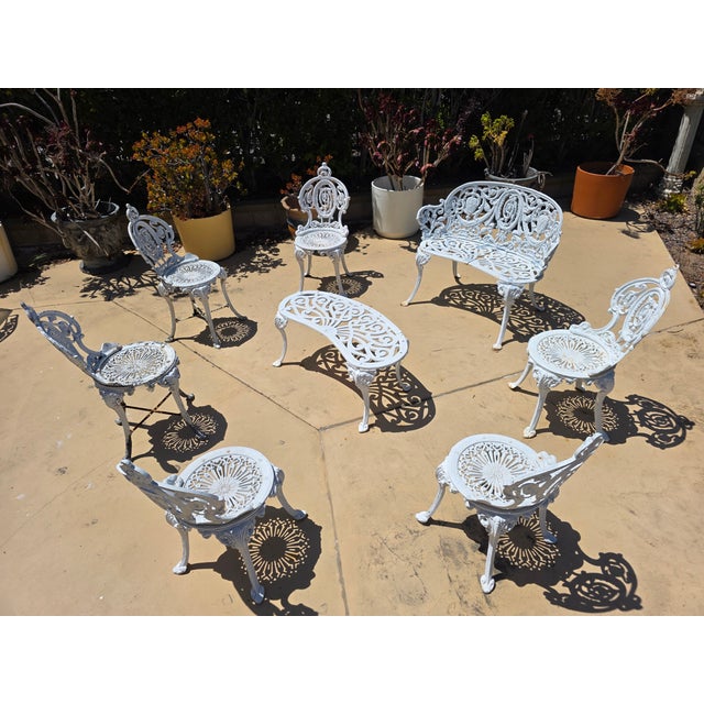 Beautiful 1950s Victorian garden chairs, center table and a bench, made by the famous Atlanta Stove Works, established in...