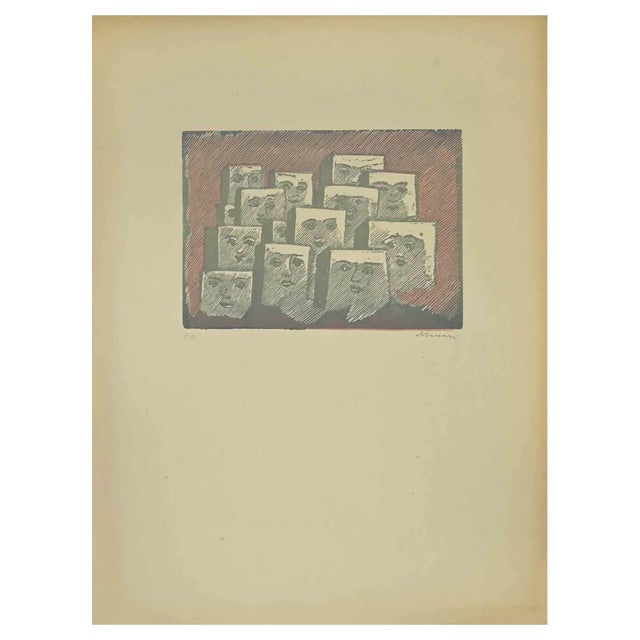 Mino Maccari, Faces, Linocut, 1940s For Sale