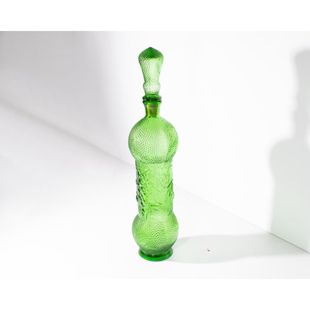 Mid-Century Modern Empoli Italy Green Glass Bottle With Fruit Design For Sale - Image 3 of 6