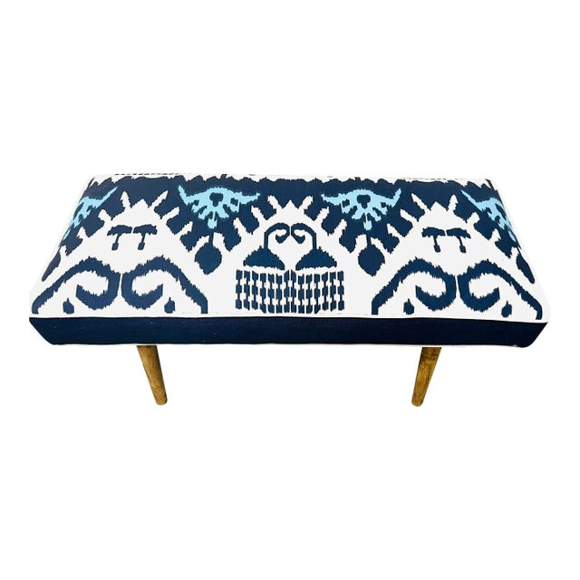 Quadrille China Seas Kazak Blue and White Ikat Bench For Sale