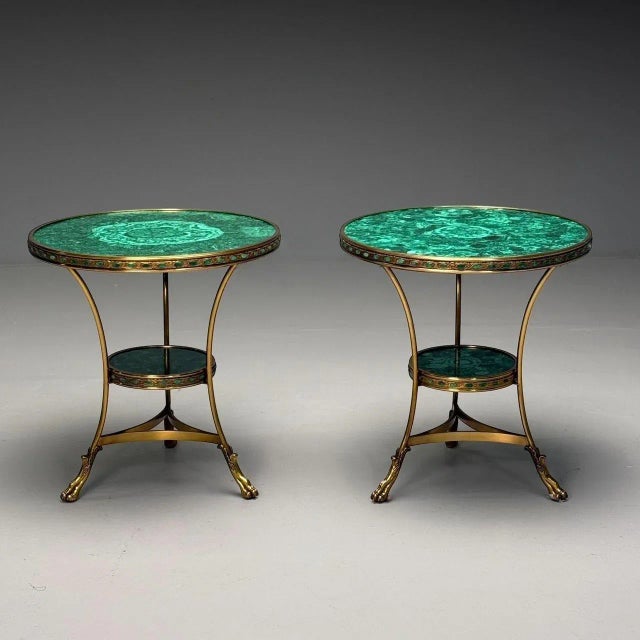 French Louis XVI Style, Jeweled Gueridons, Malachite, Bronze, France, 20th C. For Sale - Image 3 of 11