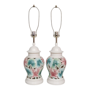 Signed Ceramic Floral Ginger Jar Table Lamps, a Pair