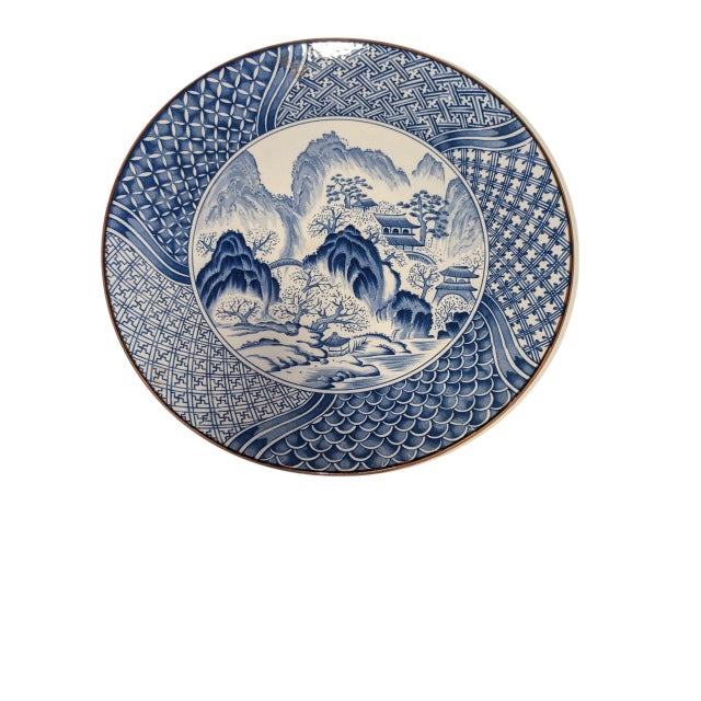 Large 14.5" Japanese Arita Blue and White Porcelain Landscape Charger Plate For Sale - Image 4 of 5