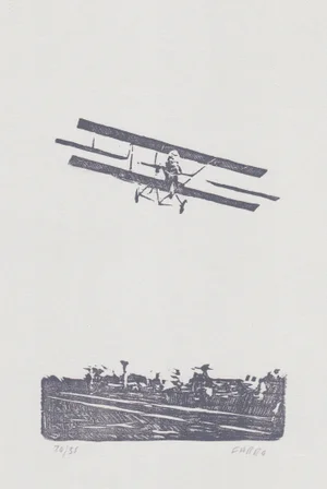 "Lincoln Beachey" Contemporary Aviation Woodblock Print by Michelle Farro