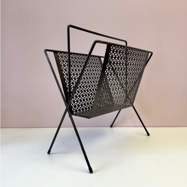 Vintage Mid Century Black Perforated Metal Magazine Rack For Sale - Image 4 of 8