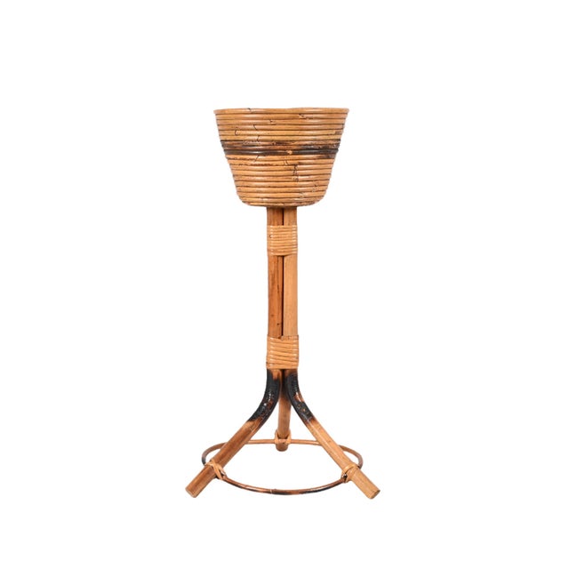 Mid-Century Italian Round Bamboo Cane and Rattan Plant Holder, 1950s For Sale - Image 6 of 18