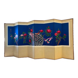 Vintage Korean/Chinese 8 Panel Silk Embroidered Floral & Peacock Room Divider For Sale