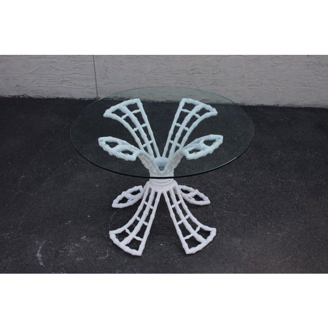 Hollywood Regency Cast Aluminum Faux Bamboo Round Glass Top Patio Table For Sale - Image 15 of 18