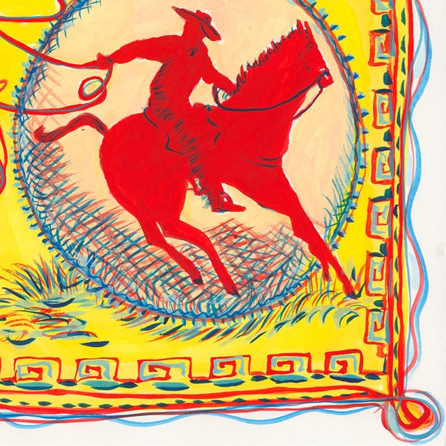 Red Horse Rodeo Square Original Whimsical Contemporary Figurative Watercolor by Pauline De Roussy De Sales For Sale - Image 4 of 5