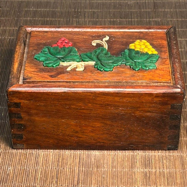 Carved Hardwood Sliding Box With Bone Inlay — Botanical Leaf & Berry Motif For Sale - Image 4 of 9