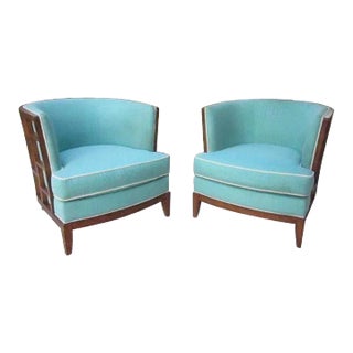 1980s Tommy Bahama Home Ocean Club Barrel Chair in Blue with Wood Frames - Set of 2 For Sale