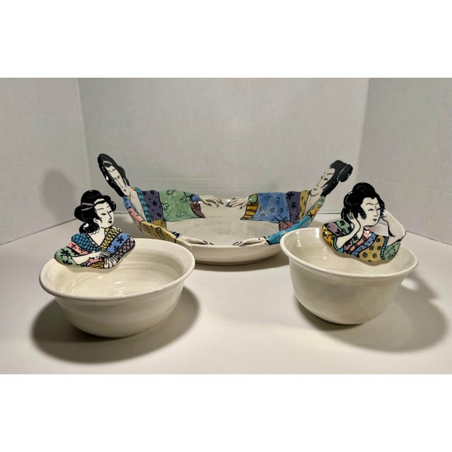 Set of 3 Vintage 1979-80 FLYN Studio Art Pottery Japan Inspired Plates, Signed Dimensions: Oval Platter: 14" x 12" Dinner...