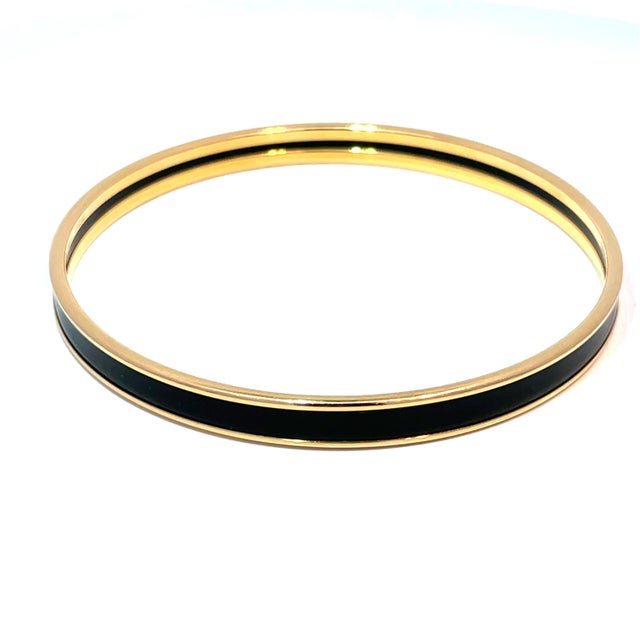 Metal Hermes 18k Rose Gold Plated and Black Enamel Uni Bangle For Sale - Image 7 of 9