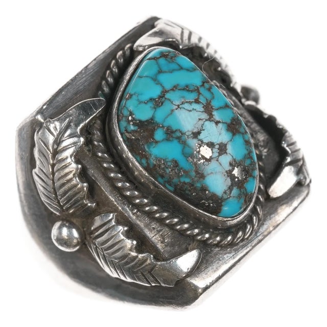 Sz9.25 Herman Vandever Navajo Silver Spiderweb Turquoise Ring For Sale