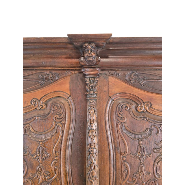 French Carved Oak and Walnut Armoire with Mask and Cartouches, 1700s For Sale - Image 6 of 10