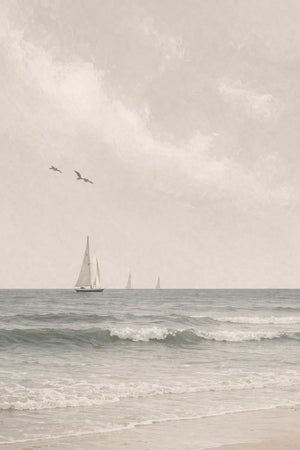 Minimalist Sailboat Seascape, Coastal Wall Art Print, 24″ × 36″
